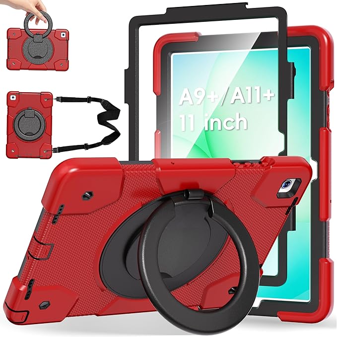 Andnary Case for Samsung Galaxy Tab A9+/A9 Plus Case 11 Inch with Screen Protector/360° Rotating Stand/Pen Holder/Shoulder Strap, Shockproof Cover for Tablet A9+ 5g (Red+Black)