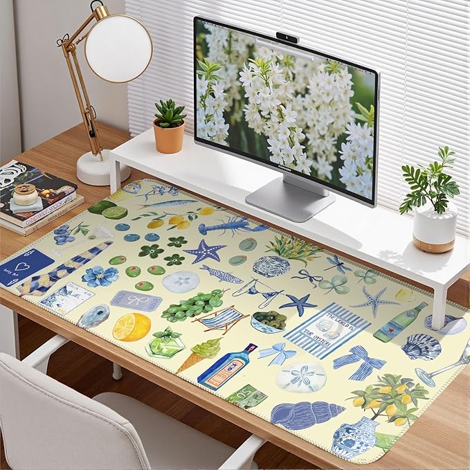 Cute Pastel Coastal Desk Mat with Vibrant Sea Life Beige Large Mouse Pad Cozy Aesthetic XXL Mouse Pad Anti-Slip Big Mousepad with Stitched Edges for Computer Desktop