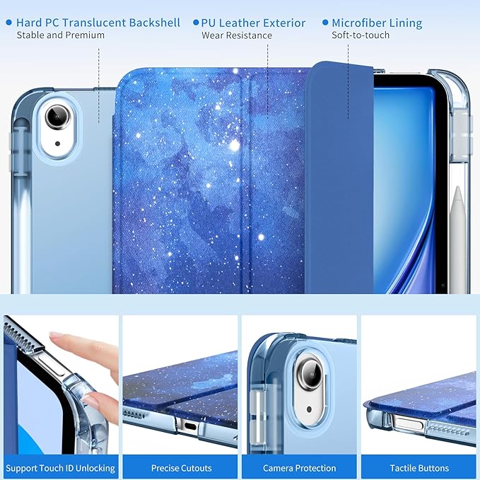 MoKo for iPad Air 11 inch Case (M4/M3/M2) 2026/2025/2024, iPad Air 5th/4th Gen 10.9 inch Case 2022/2020 with Pencil Holder, Slim Trifold Cover with Hard PC Translucent Back Shell, Blue Starry Sky