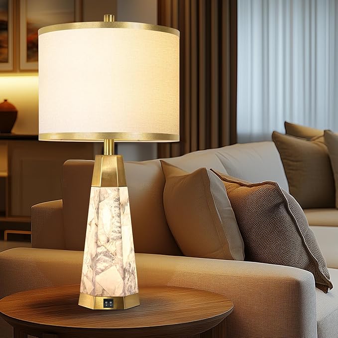 KIVDITZO 27" Alabaster Table Lamps Set of 2 - Lamps for Living Room with Night Light, Bedside Lamps with White Linen Shade, Nightstand Table Lamp with USB A+C Port for Bedroom Office (Bulb Included)