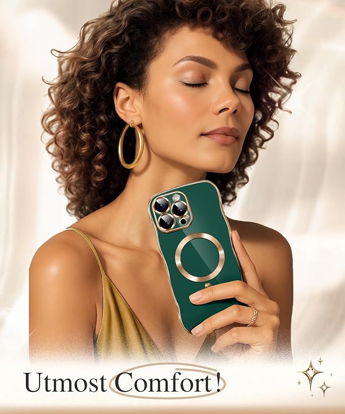 GVIEWIN for iPhone 16 Pro Case Compatible with MagSafe, Upgraded [Full Camera Protection][Cute Wave Frame][Military Grade Protection] Electroplated Soft Phone Cover for Women Girl, Green