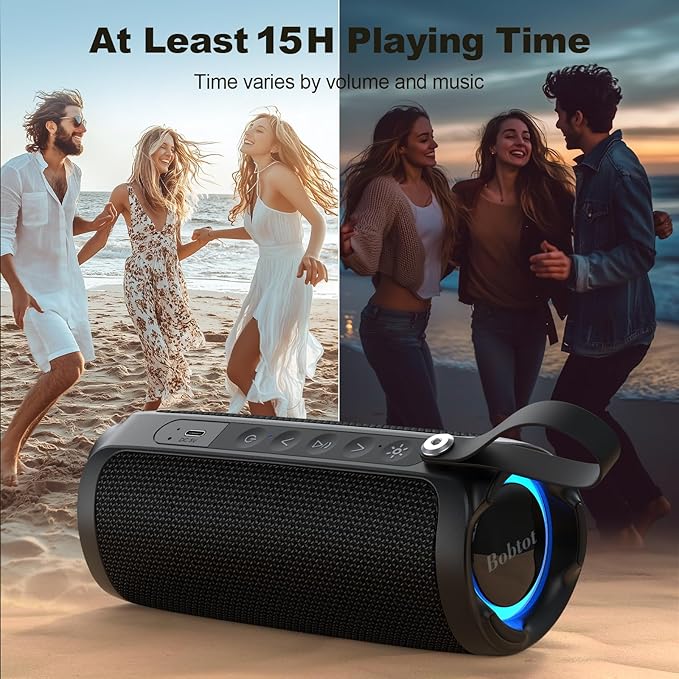 Bobtot Portable Bluetooth Speaker, IPX6 Waterproof Speaker with Punchy Bass, 15W Loud Sound, RGB, 15H Playtime, Dual Pairing for Party, Camping, Beach, Black