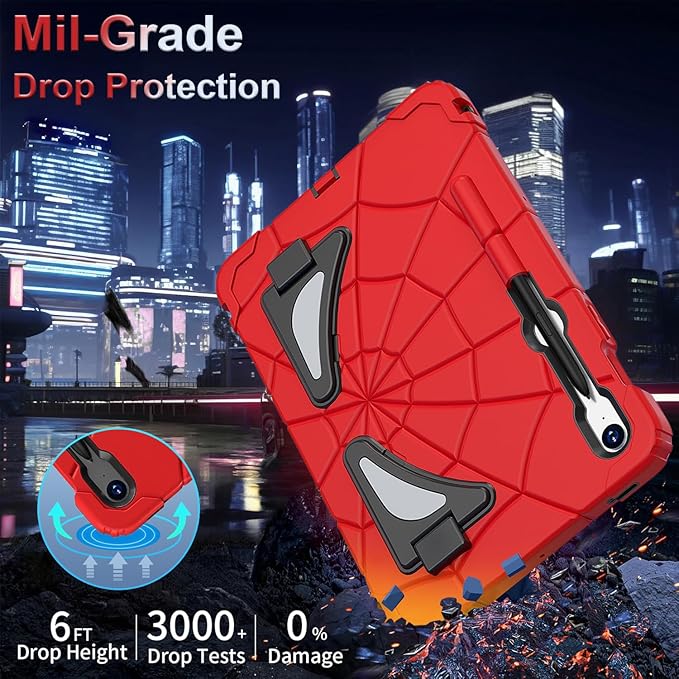 for Samsung Galaxy Tab S10 Lite 5G/ S10 FE/ S9 FE/ S9/ S8/ S7 Case (10.9''/11''), Shockproof Drop Protective Cute Cover for Kids Boys w/Pencil Holder Stand Carrying Shoulder Strap, Red Black