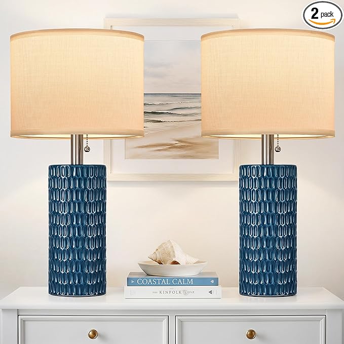 Reaketon Table Lamps for Living Room Set of 2, Ceramic Table Lamps for Bedroom, 20" Modern Lamps for Night Stands, Blue