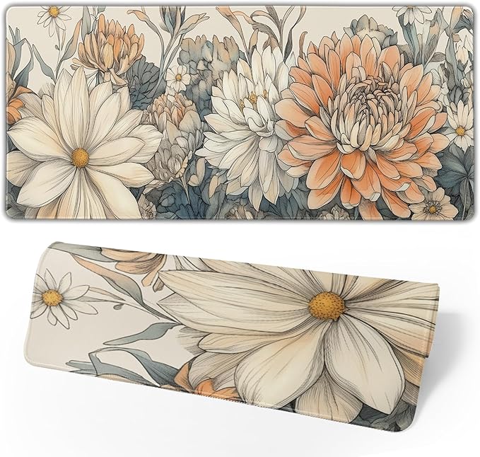 Japanese Minimalist Floral Desk Mat Watercolor Flowers XL Large Extended Gaming Mouse Pad 31.5x11.8 Inch Floral Laptop Computer Keyboard Mouse Mat Non-Silp with Stitched Edges for Home Office Work
