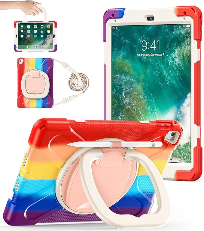 BATYUE Case for iPad 6th Generation 9.7 inch 2018, iPad 5th Gen 2017, iPad Air 2/ iPad Pro 9.7'',Shockproof Protective Cover with Pencil Holder &Rotating Bracket &Shoulder Strap (Colourful Red)