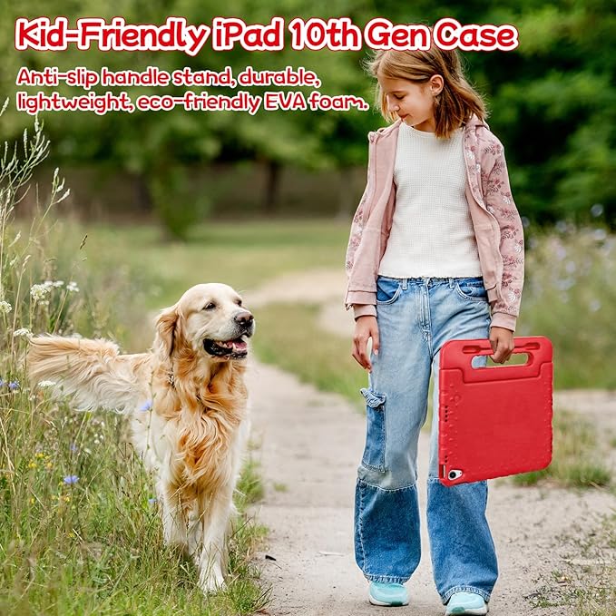 Kids Shockproof Case for iPad A16 (2025)/iPad 10th Gen (2022) with Pencil Holder&Handle Stand, Super Protection EVA Toddler-Friendly Cover for iPad 11th (A16) 11"/10th Generation 10.9"-Red