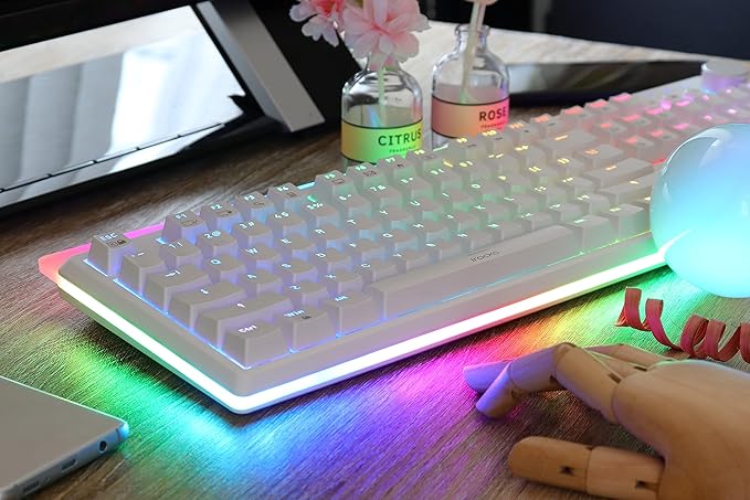 i-rocks K71M RGB Mechanical Gaming Keyboard with Media Control Knob, Blue Switches, 107 Keys w/Full NKRO, PBT Keycaps, Multimedia Hotkeys, Detachable USB-C Cable and Onboard Storage, White