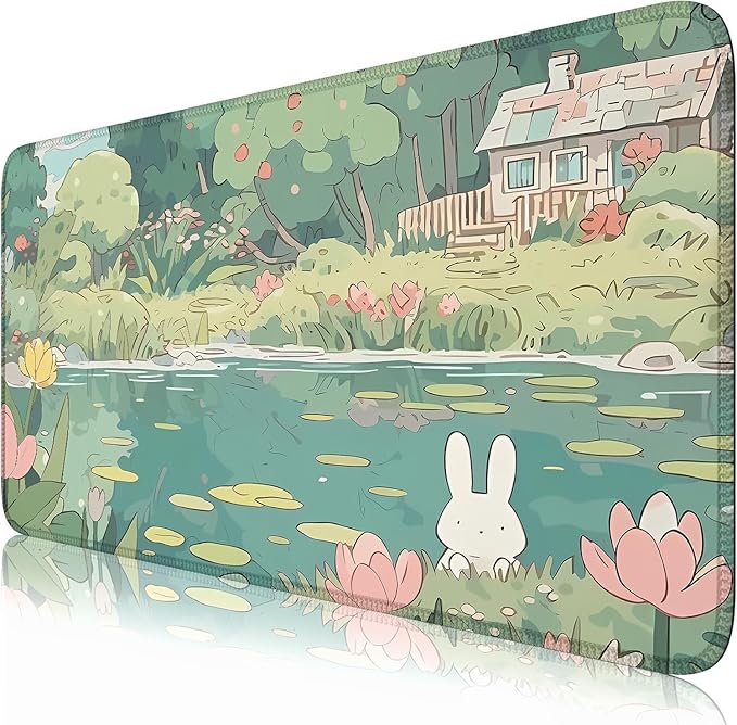 Cute Kawaii Bunny Anime Green Plant Desk Mat Large Mouse Pad Gaming Desk Pad Accessories for Women Office Decor Long Laptop Keyboard Mouse Mat