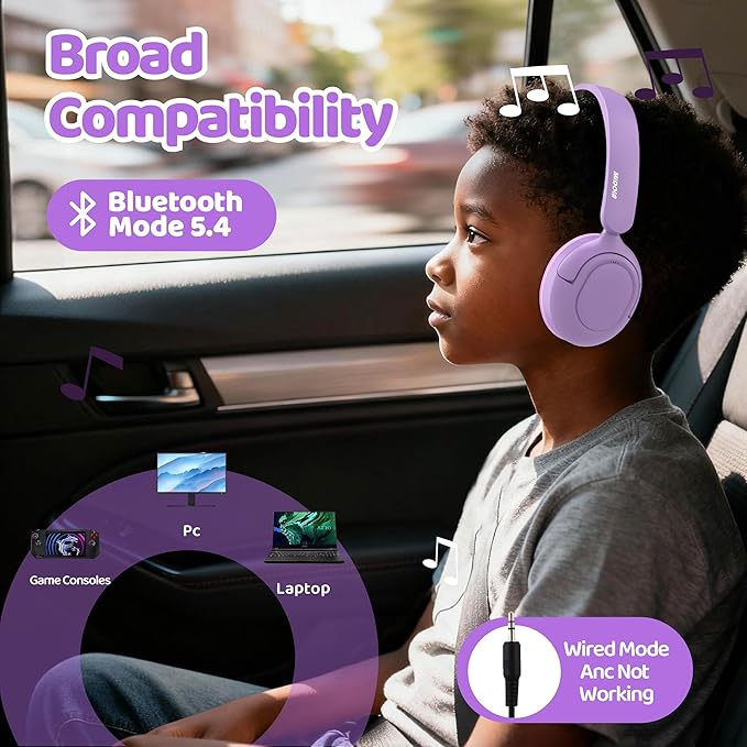 MIDOLA Kids Bluetooth Headphones Active Noise Cancelling Lightweight Wireless Headphone for Kid Volume Limited 85/94dB Foldable Over-Ear with Mic,68 Hours Playtime,for Toddler Child Lavender Purple