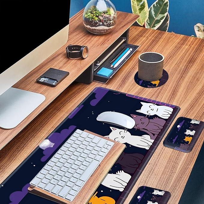 Wrist Elbow Support Arm Rest Desk Mouse Pad Set,Large Mouse Pad + 2 Elbow Rest Pad + Coaster,(31.5×11.8 in) Ergonomic Memory Foam for Office,Gaming,Computer,Laptop-Lovely Cats