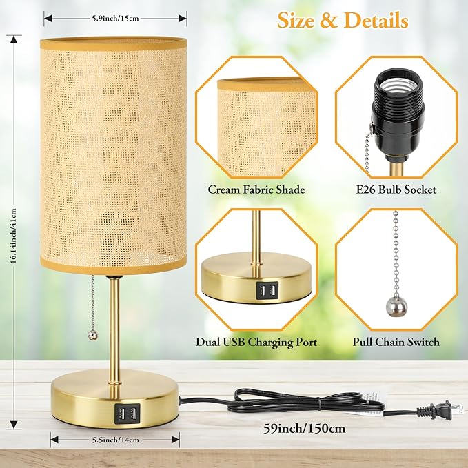 Set of 2 Table Lamp with 2 USB, Vintage Bedside Lamps for Bedrooms, Nightstand Lamps with Pull Chain, Bamboo Woven Desk Lamps with Rattan Lampshade and Gold Metal Base for Bedroom Living Room Desk
