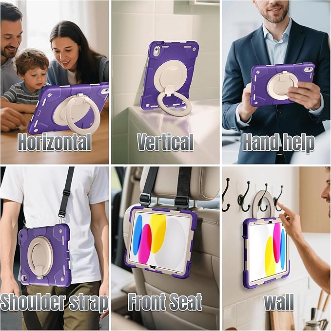 Andnary Case for iPad (A16) 11th /10th Generation 11/10.9 Inch 2025/2022 with Screen Protector/360° Rotate Stand/Shoulder Strap/Pencil Holder, Shockproof iPad 11th/10th Gen Cover (Purple+White)