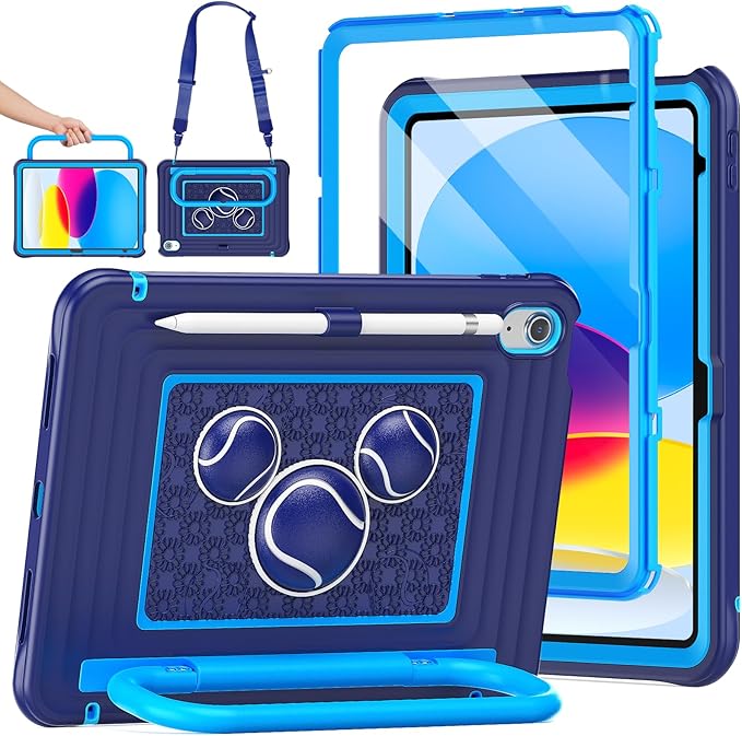 KAIJIAbox Kids Case for iPad A16 11th Generation 11 inch 2025/10th Generation 10.9” 2022- Military-Grade Rugged Drop Protection with Metal Handle/Stand, Screen Protector,Shoulder Strap-Navy Blue
