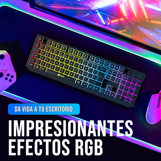 KLIM Chroma Wireless Spanish (España) Keyboard, RGB Backlit Wireless Keyboard, Rechargeable Battery, Quiet, Water-Resistant, Plug & Play for PC, Mac, PS4/PS5