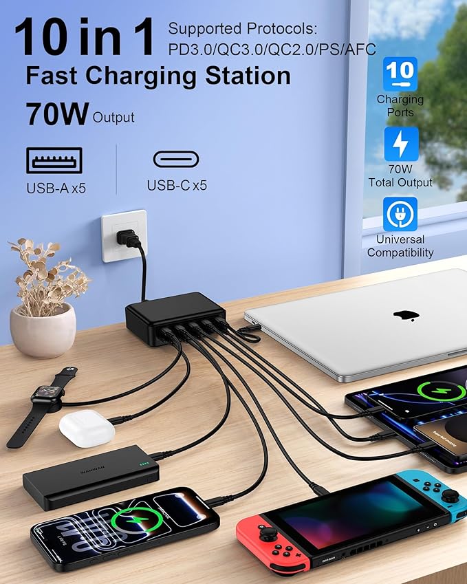 USB C Charger Station for Multiple Devices, 10-Port Desktop USBC Charging Hub with 5 USB-C & 5 USB-A Multi Ports, Fast Multiport Wall Charger Block Cube for iPhone 17 16 15 Pro Max iPad Plug Outlet