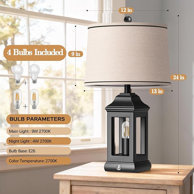 24" Rustic Farmhouse Table Lamps for Living Room Set of 2, Touch Dimmable Nightlight Vintage Bedside Lamps with USB A+C Ports & Dual Light Sources for Bedroom Nightstand End Table, Matte Black