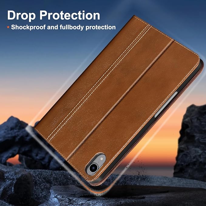 Gexmil Leather Case for iPad mini 7 (A17 Pro) 2024 / iPad mini 6 Generation 2021 8.3 Inch,Premium Cowhide Cover with Pencil Holder,Adjustable Stand, Auto Wake/Sleep,Yellow Brown
