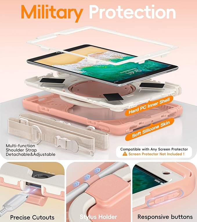 BATYUE case for iPad Air 3rd Gen 2019 & iPad Pro 10.5" 2017, Heavy Duty Rugged Protective Cover with 360° Swivel Stand, Shoulder Strap & Pencil Holder - for Business, Outdoor, Kids - Rose Gold
