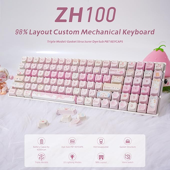 ZORNHER ZH100 Wireless Cat Mechanical Keyboard,98% Pink Cute Creamy Keyboard with Number Pad,Full Size Girly Kitty Gaming Keyboard,Meow Meow Squad Keycaps,Silent Quiet Switches,Hot-Swappable