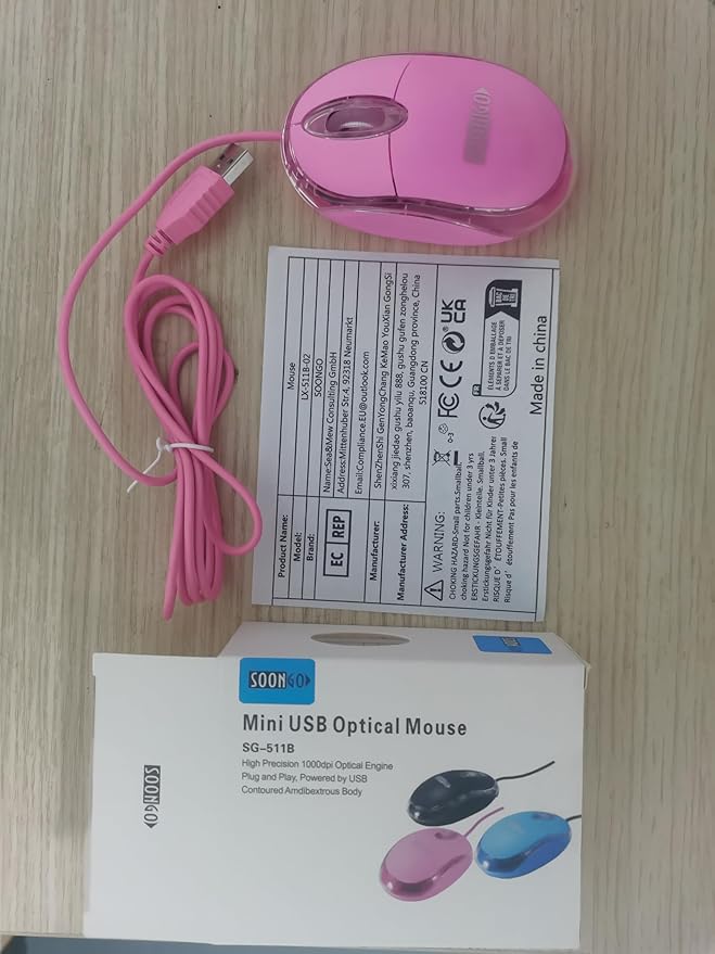 SOON GO Pink Mouse,Computer Mouse,with 1.5m Pink USB Cable - Compatible with Windows, Linux, Mac, Laptop, PC & Desktop - Ideal for Office, Home, Business, School, Kids & Women