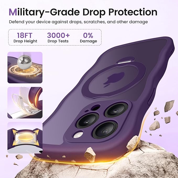 CAPRARO for iPhone 15 Pro Case with 360° Spin Magnetic Stand for Women, [Compatible with MagSafe] [Full Camera Protection] Cute Wave Translucent Matte Case for iPhone 15 Pro, Deep Purple
