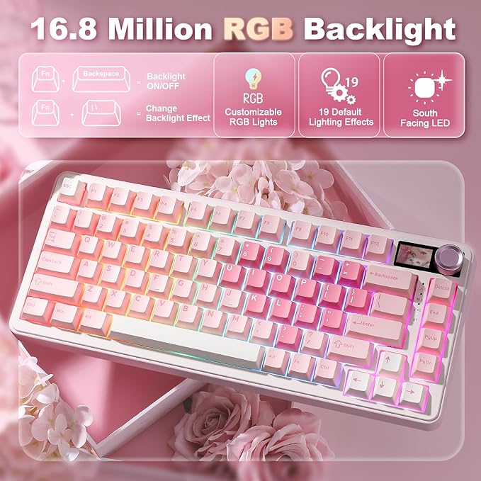 YUNZII B75 PRO MAX QMK/VIA Wireless Mechanical Keyboard,75% Layout with Screen and Knob,Custom Hot Swap Gasket,Creamy Pre-lubed Switches,Bluetooth/Type-C/2.4G for Win/Mac (Pink Heart,Candy Switch)