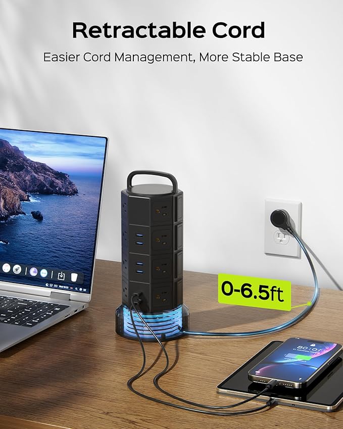 Power Strip Tower Surge Protector, JACKYLED 16 Outlets 6 USB (2 USB C) Charging Station, Extension Cord with Multiple Outlets, 1050J 1625W/13A Outlet Extender 6.5ft Extension Cord for Home Office