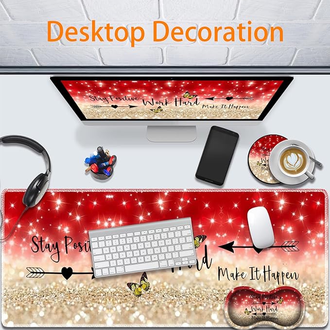 Durable Desk Mat + Wrist Rest Pad + Coasters Set, Large Gaming Office Mouse Pad 31.5 "x 11.8", Extended Non-Slip Rubber Keyboard Pad, Laptop & Home, Stay Positive Work Hard and Make It Happen