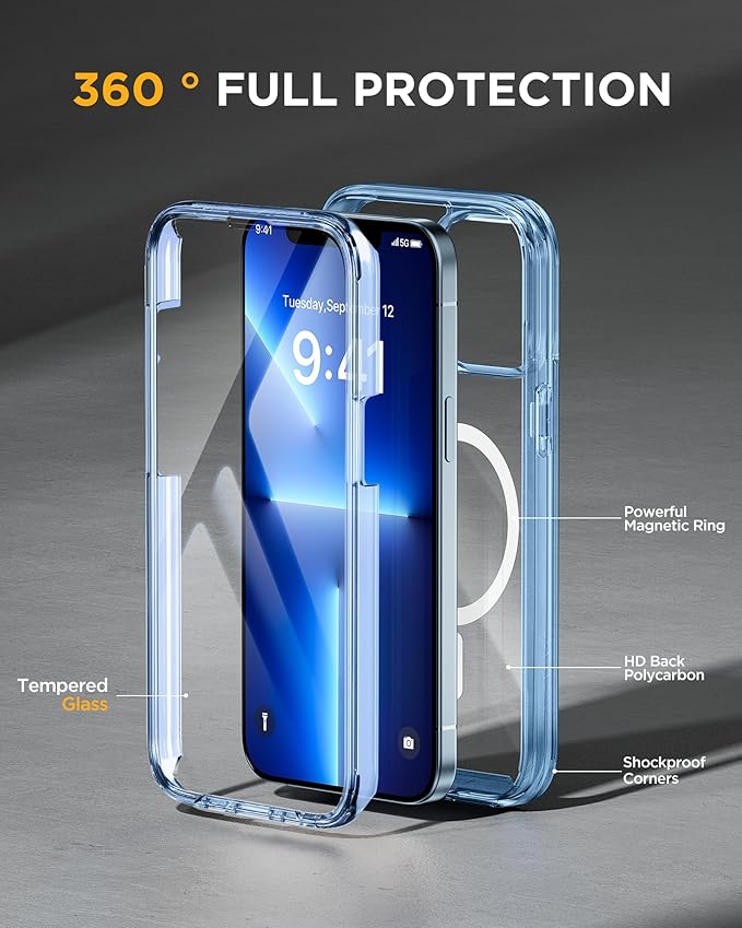 Miracase Magnetic for iPhone 13 Pro Max Case 6.7 inch, (Compatible with MagSafe) Upgrade Full-Body Clear Phone Bumper Case with Built-in 9H Tempered Glass Screen Protector, Magnetic Clear Blue