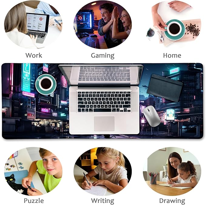 LIMKRIAN Cyberpunk Mouse Pad, Japanese Anime Cat Desk Mat, Neon Tokyo Extended Gaming Mouse Pads for Desktop Computer Laptop Office Work Game Home, 31.5x11.8 in