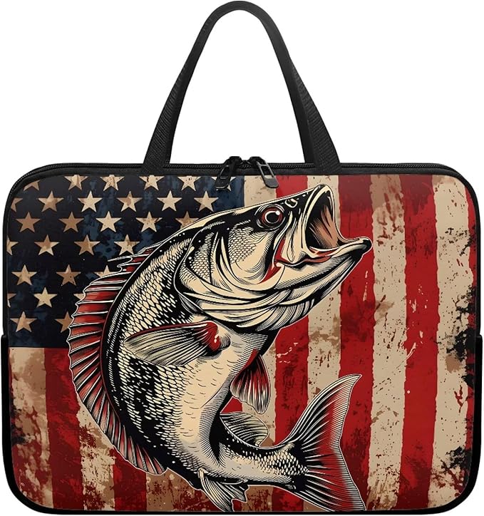 American Flag Fish Laptop Sleeve, Shockproof Laptop Tote Bag, Computer Bag Fits Up to 17 Inch, Zipper Tablet Sleeves Carrying Case for 4th of July USA 250 Years, Notebook Briefcase