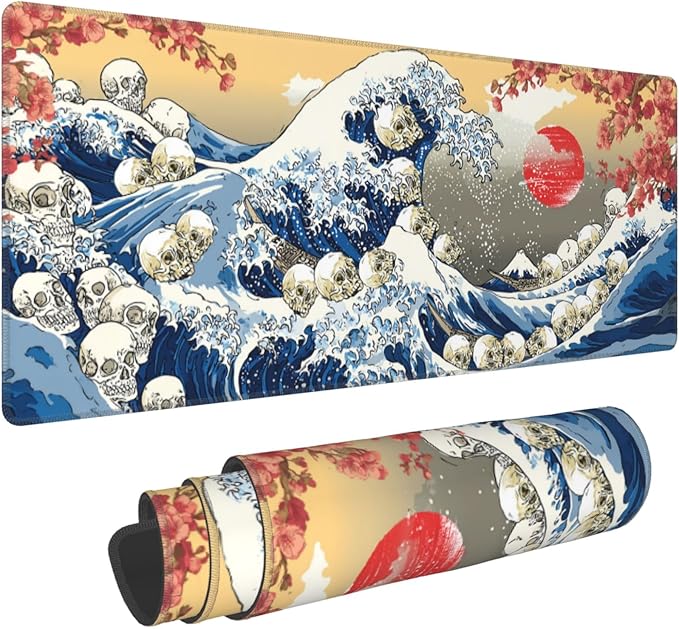 Japanese Waves Skull Mouse Pad Extended Large Gaming Mouse Pad XL Stitched Edges for Gamer Home Office 31.5 X 11.8 Inch