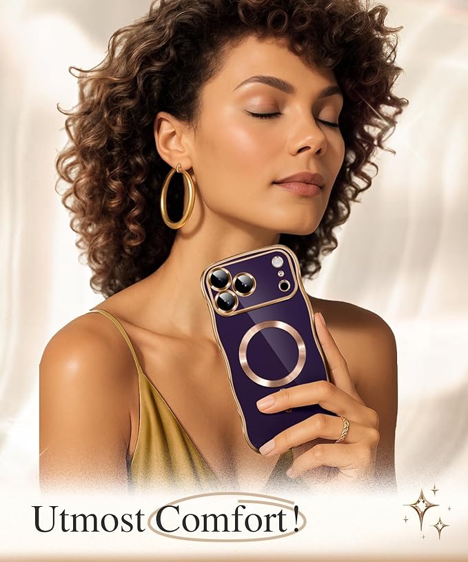 GVIEWIN for iPhone 17 Pro Max Case Compatible with MagSafe, Upgraded [Full Camera Protection][Cute Wave Frame][Military Grade Protection] Electroplated Hard Phone Cover for Women Girl, Purple