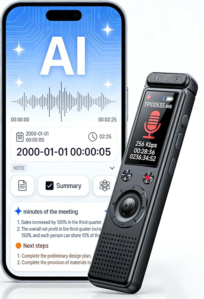 AI Voice Recorder, Transcribe & Summarize with AI, App Control, AI Note Taker for Meeting & Lecture, Support 152 Languages, Voice Activated Recorder with Playback, Black