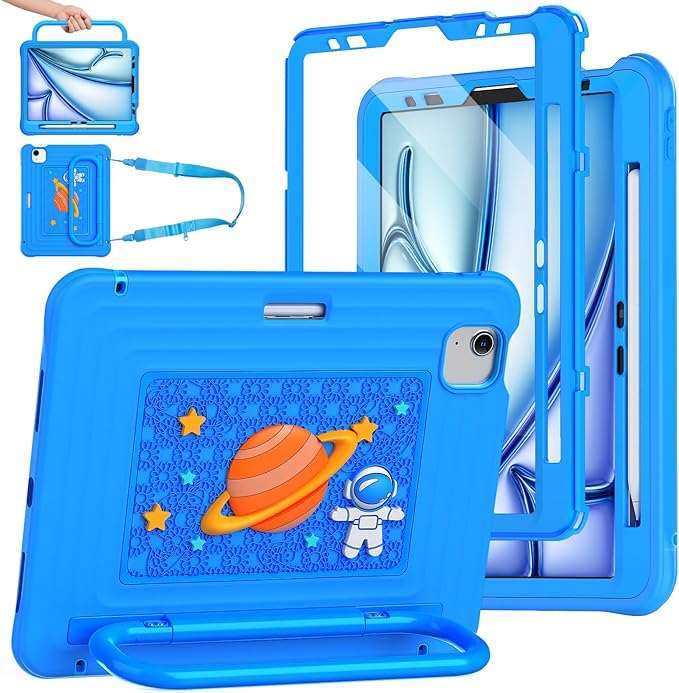 KAIJIAbox Kids-Friendly Case for iPad Air 11" M4/M3/M2, Pro 11" 4th/3rd/2nd/1st Gen, Air 5th/4th - Military-Grade Drop Protection with Metal Handle/Stand, Screen Protector, Pen Holder, Shoulder Strap