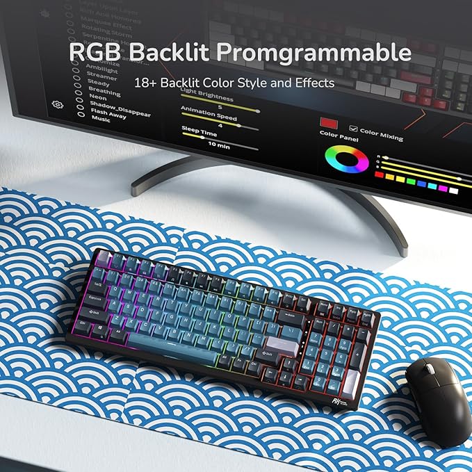RK ROYAL KLUDGE RK98 Wireless Mechanical Keyboard, 100 Keys 98% Layout with Custom Switches Hot Swappable, Tri-Mode BT5.1/2.4G/USB-C Full Size Gaming Keyboard with Numpad RGB, Brown Switch