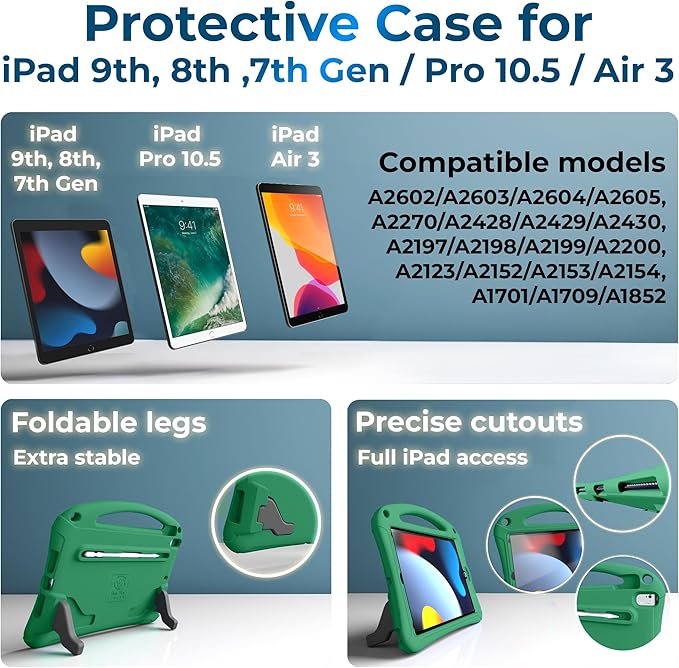 Bam Bino Space Suit iPad 9th Generation Case Kids, iPad 8th/7th/10.2 inch iPad Case for Kids | Lightweight Cover with Screen Protector, Handle, Stand, Shoulder Strap, Pencil Holder (Mint Green)