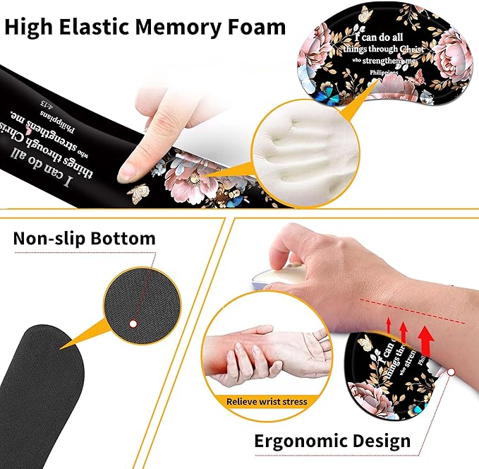 Extended Large Mouse Pad Set 31.5 x 15.7 – Christian Floral All-in-One Desk Set with Keyboard Wrist Rest, Mouse Wrist Rest & Coaster, Ergonomic Desk Accessories for Women, Faith-Inspired Office Gift