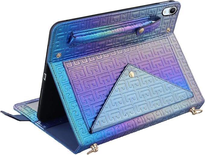 Shiny Case for iPad (A16) 2025 11"/iPad 10th Generation Handbag with Hand Strap, Techcircle Crossbody Iridescent Folio Stand Wallet Case with Pencil Holder+Card Slots+Shoulder Strap, Shiny Indigo