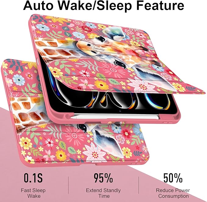 Case for iPad Pro 11 inch (M5) 2025 (M4) 2024 Release Slim Lightweight Cute Hot Pink Cover with Clear Back TPU Edge Pencil Holder Trifold Stand, Giraffe