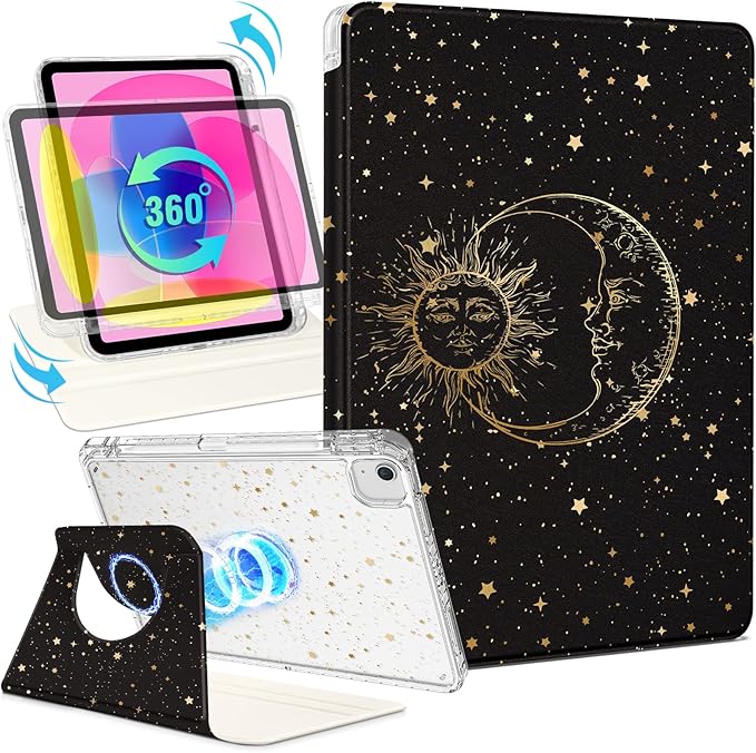 Shorogyt for iPad Air 11 Inch Case Air M4 2026, 8th Gen/M3 2025/M2/Air 5th Generation 2022/Air 4th Gen 2020/Pro 11 Inch Case Magnetic Stand for Women - Cute 360 Degree Rotating Covers Girls Star Moon