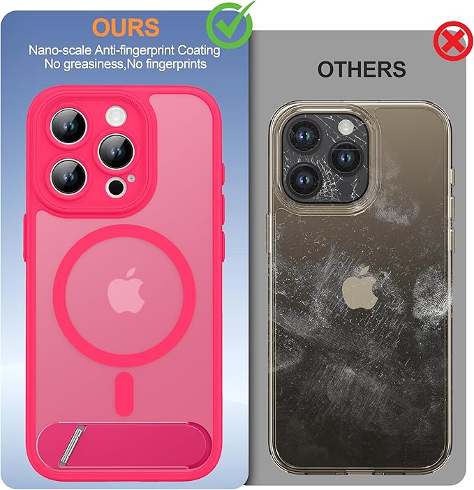 Magnetic Compatible with iPhone 15 Pro Case, [Built-in Kickstand][Full Camera Protection][Compatible with MagSafe][Anti-Fingerprint] Shockproof Phone Case for iPhone 15 Pro 6.1",Hot Pink