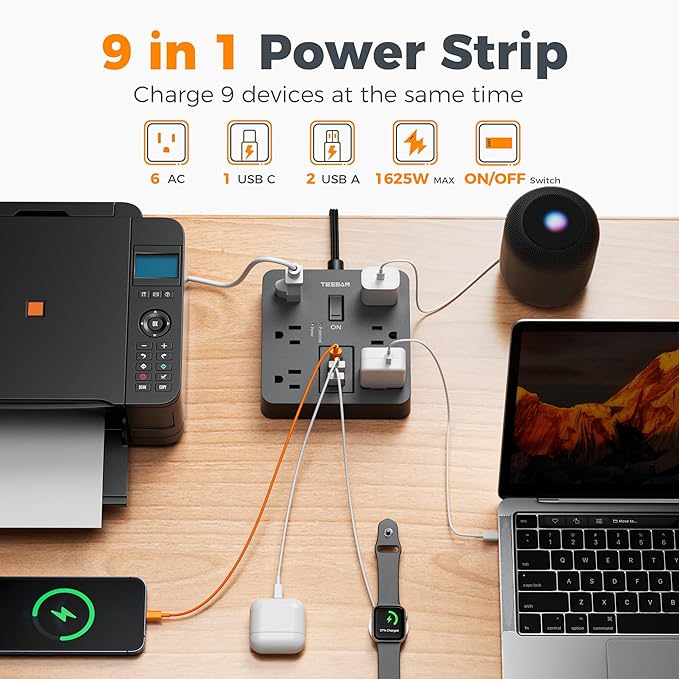 TESSAN 5Ft Black Extension Cord with Multiple Outlets, Surge Protector Power Strip with 6 Outlets and 3 USB Ports (1 USB C), 1700 Joules Protection, Flat Plug, Outlet Extender for Home, Office, Dorm