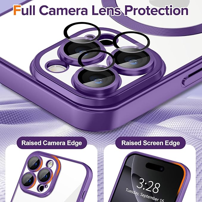 Hython Magnetic Clear for iPhone 16 Pro Case with Camera Lens Protector [Compatible with MagSafe] Luxury Plating Edge Slim Soft TPU Cover Protective Phone Case for iPhone 16 Pro 6.3", Matte Purple