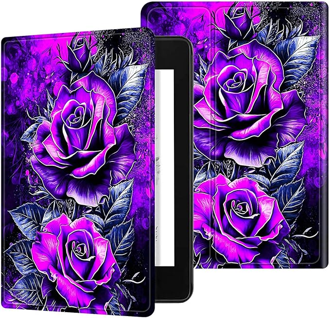 for All-New 6" Kindle 11th Generation 2024/2022 Release E-Reader Case, Slim Kickstand Stand Leather Smart Cover with Auto Wake/Sleep, Purple Rose Wall