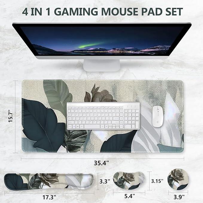 DINKY Keyboard Mouse Pad Set, Large Gaming Mousepad + Memory Foam Ergonomic Keyboard Wrist Rest Support, Easy Typing Pain Relief, 4Pcs (35.4" x 15.7") Extended Desk Mat-Tropical Rose