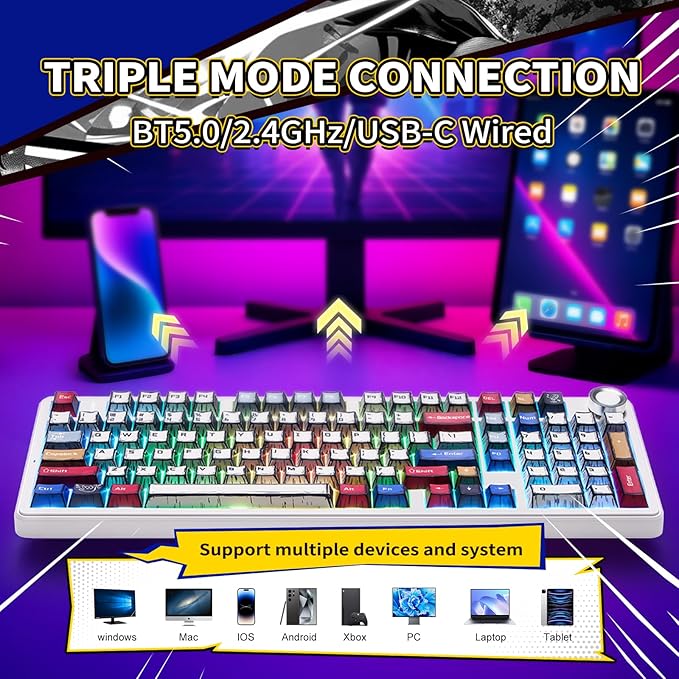 x Aula F99 Pro Mechanical Keyboard, Wireless Gaming Keyboards RGB Backlit Hot Swappable Custom Creamy Bluetooth Computer Keyboard, Tri-Mode BT5.0/2.4GHz/USB-C, Pre-lubed Switches PBT Keycaps