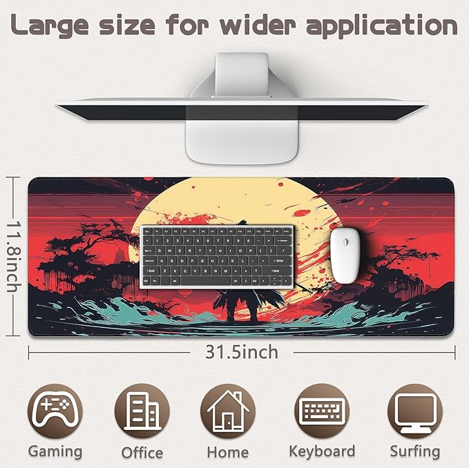 Gaming Mouse Pad - (31.5"×11.8") Japanese Samurai Large Mouse Pads for Desk - Desk Mat for Keyboard and Mouse with Non-Slip Base, Desks Pad Matfor Game/Office & Home