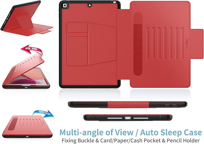 SEYMAC stock Case for iPad 9th/8th/7th Generation 10.2'', Strong Magnetic Auto Sleep Shockproof Case with Absorbing Multi-Angles Stand, Pen Holder, Card Slot (Red)